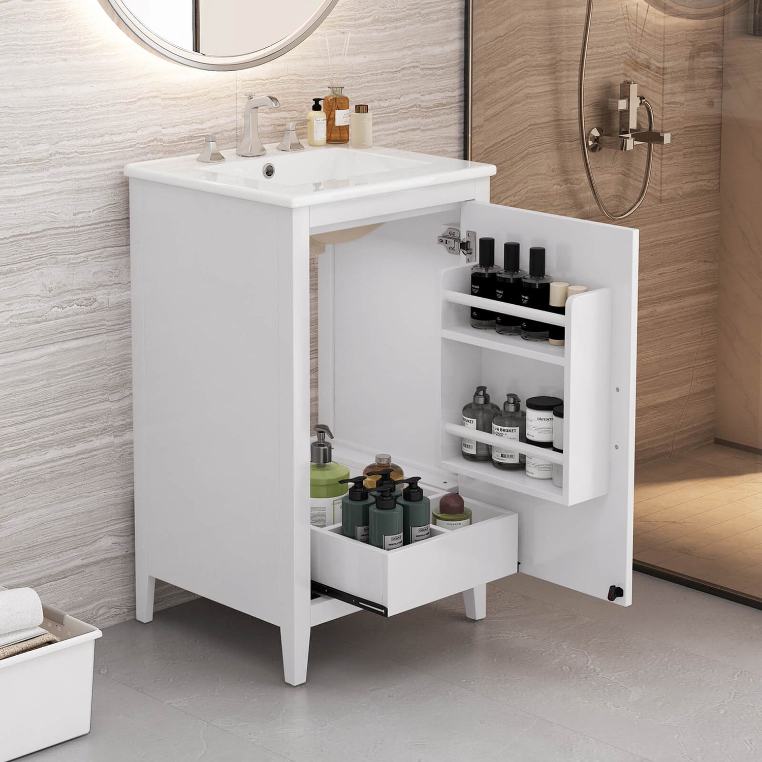 20 inch white minimalist bathroom vanity with gold handles