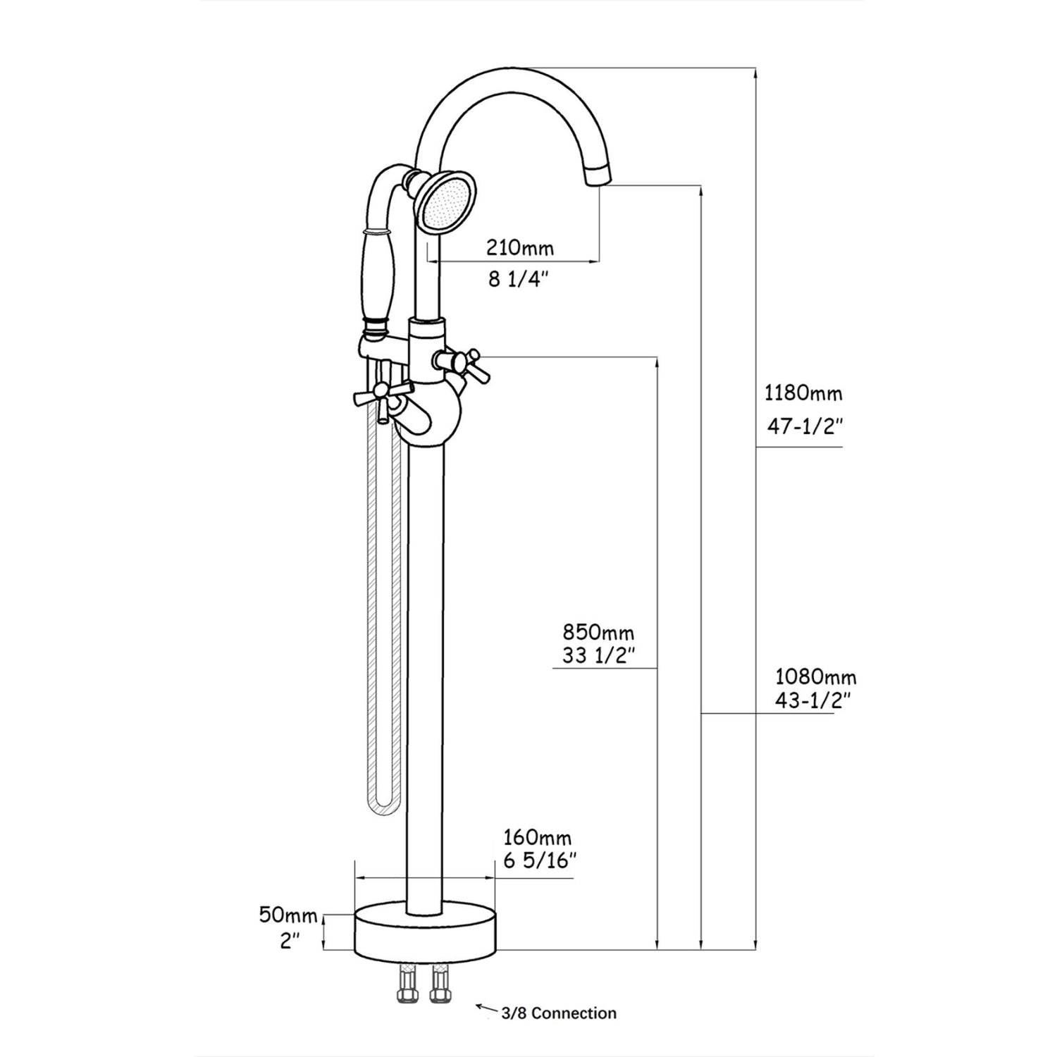 Chrome Independent Freestanding Tub Filler Faucet Dimension