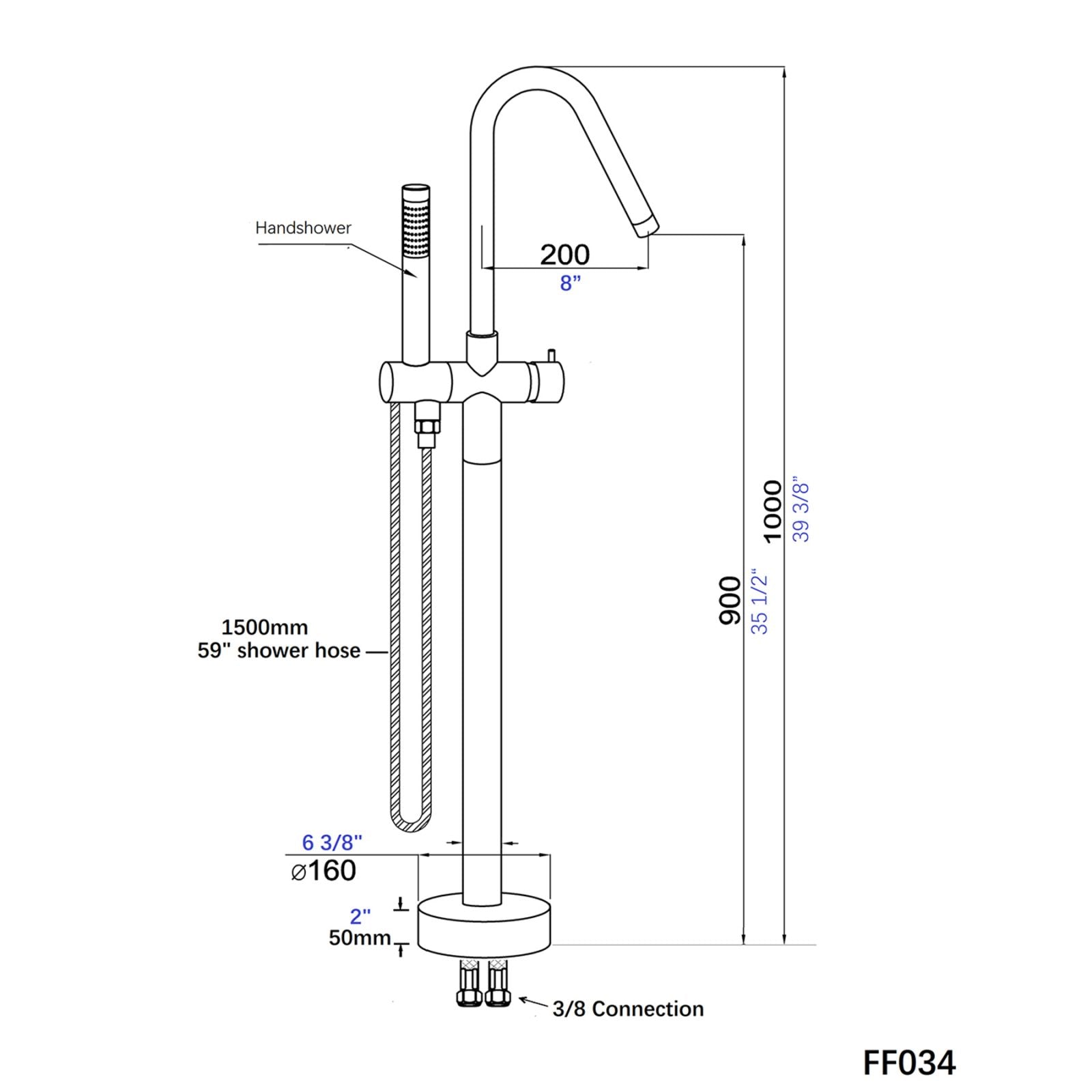 38&quot; Matte Black Streamline Freestanding Tub Filler Faucet Dimension