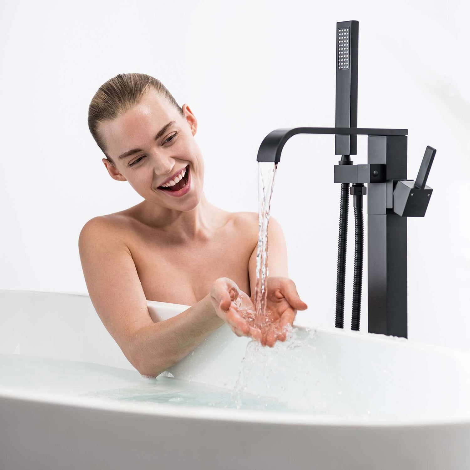 31&quot; Matte Black Floor Mount Roman Retro Quadrangle Tub Filler Faucet