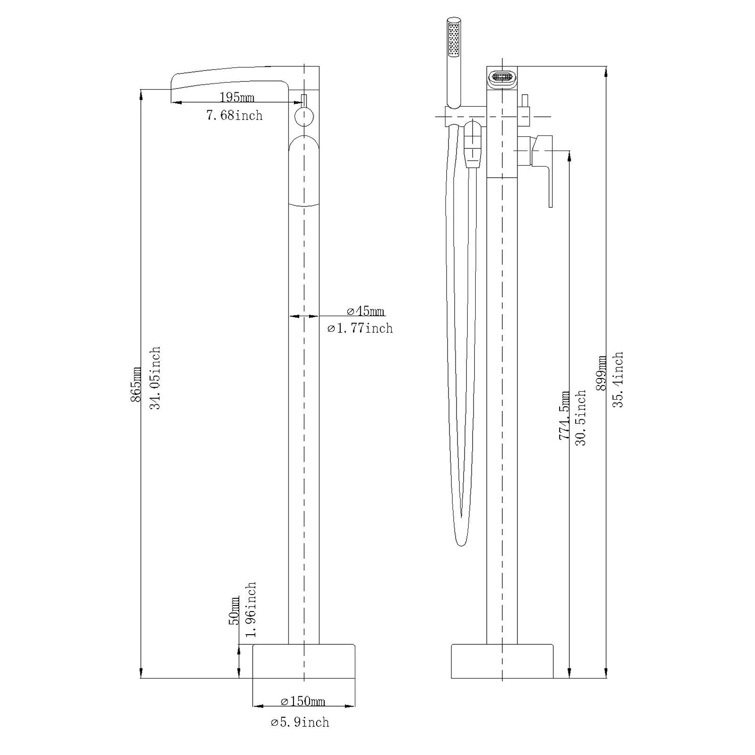 30 Inch Sleek Cylinder Matte Black Freestanding Faucet Dimensions