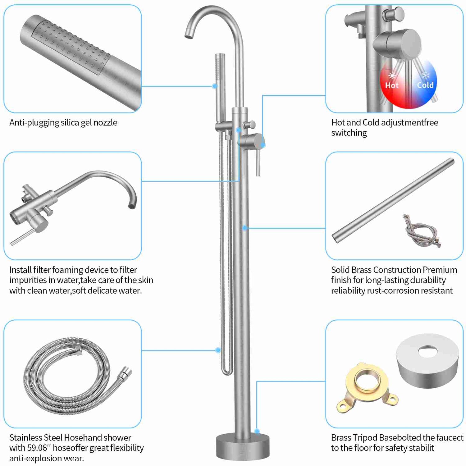 Single Handle Shower Freestanding Tub Filler Faucet, Floor Mounted &amp; Bubble Former Functions