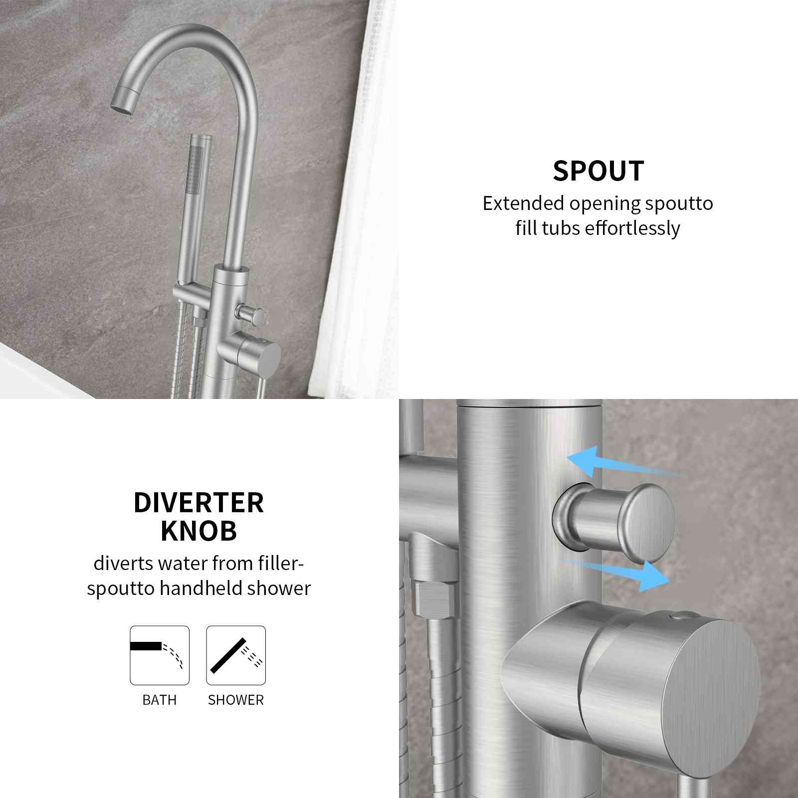 Spout and Diverter Knob Shower Freestanding Tub Filler Faucet