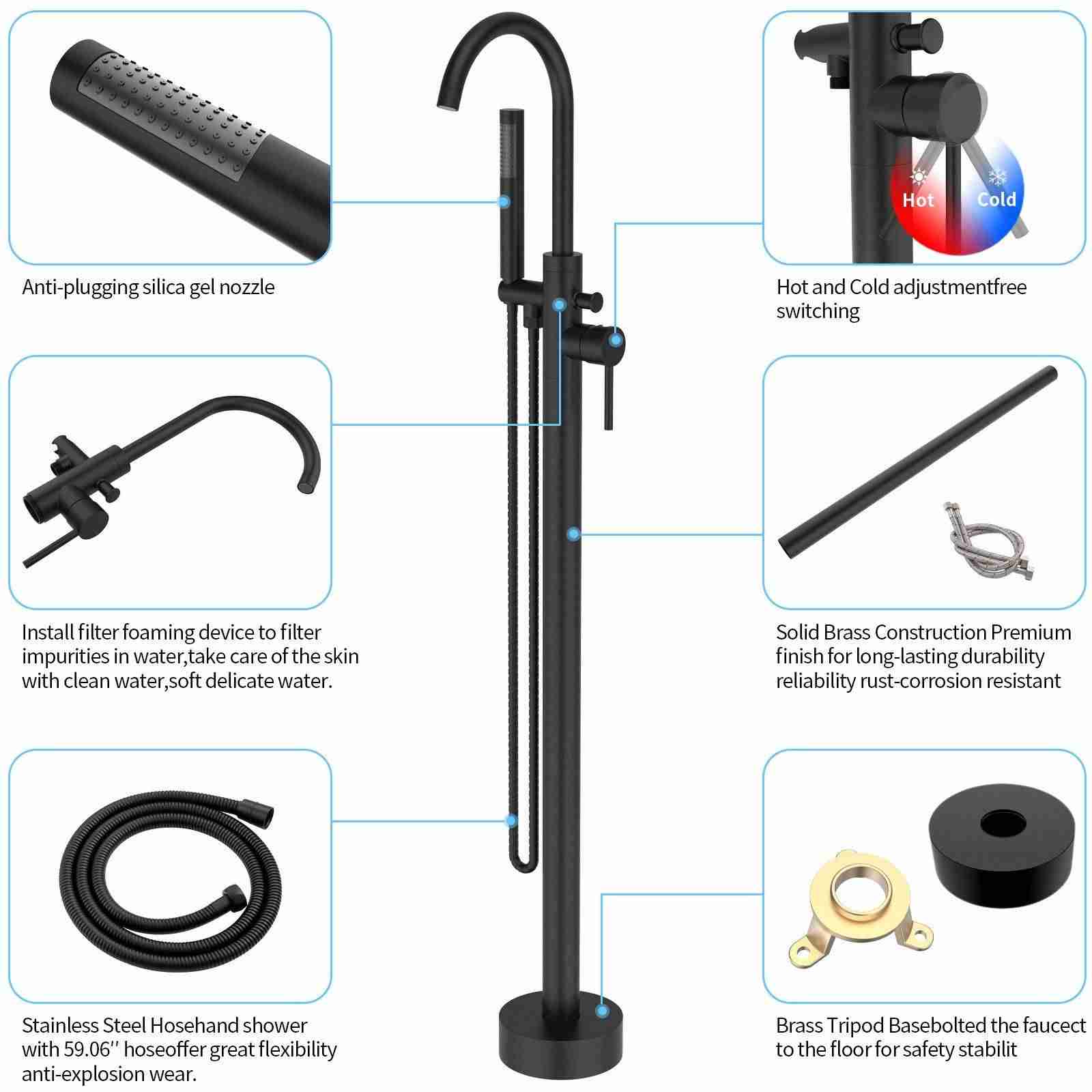 Matte Black Retro Brass Single Handle Shower Freestanding Tub Filler Faucet Functions