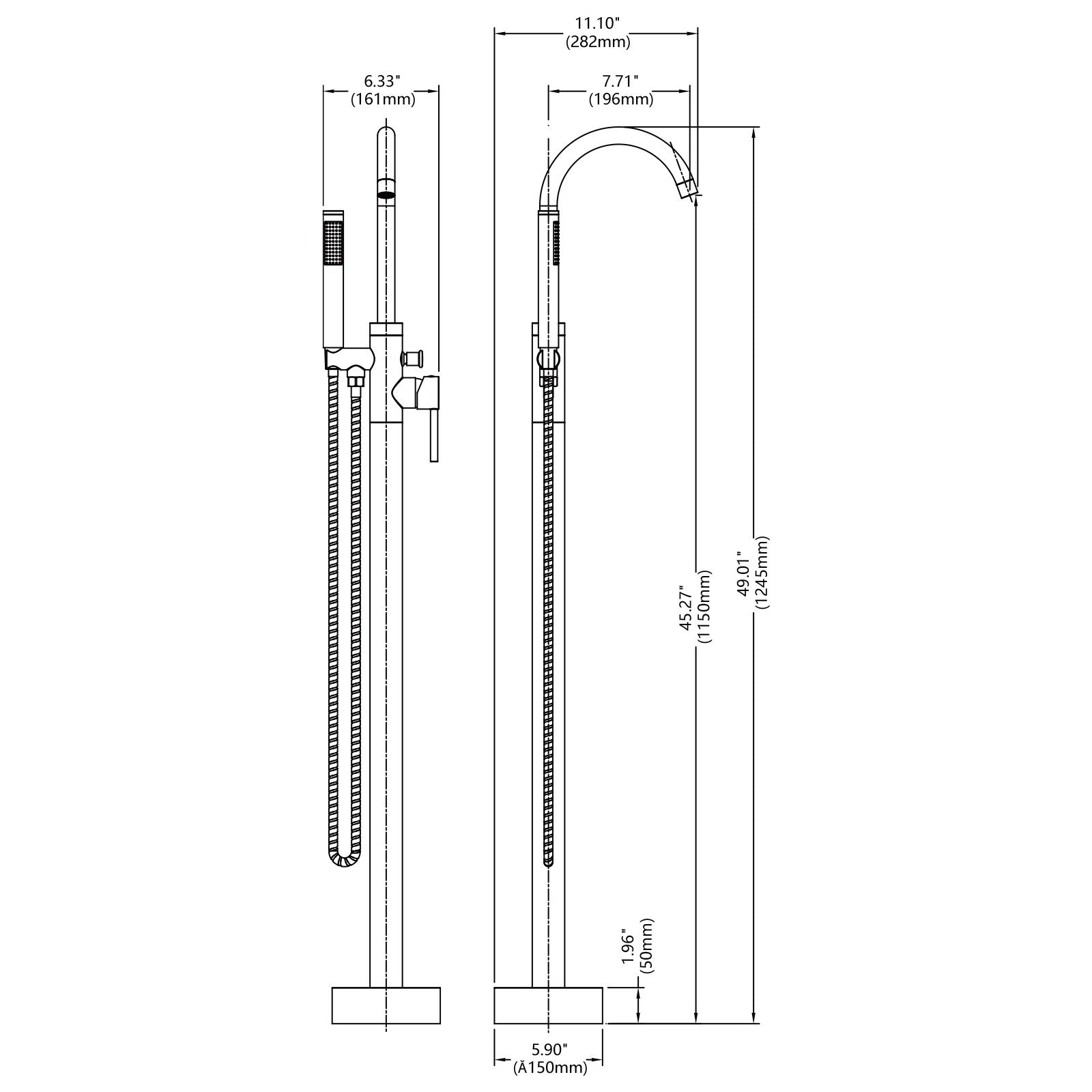 Retro Brass Single Handle Shower Freestanding Tub Filler Faucet Dimension