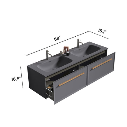 60&quot; Wall Mounted Bathroom Storage Vanity with Double Undermount Sink &amp; LED