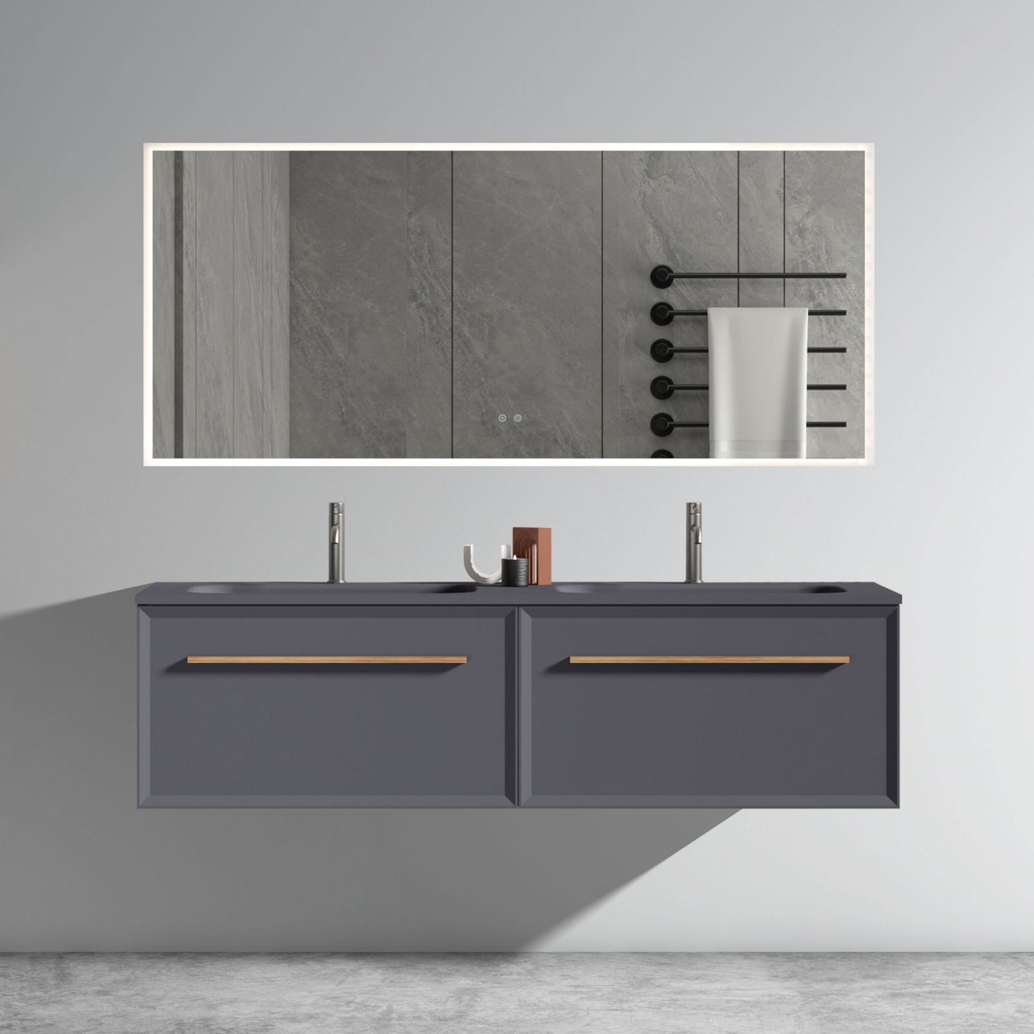 60&quot; Wall Mounted Bathroom Storage Vanity with Double Undermount Sink &amp; LED