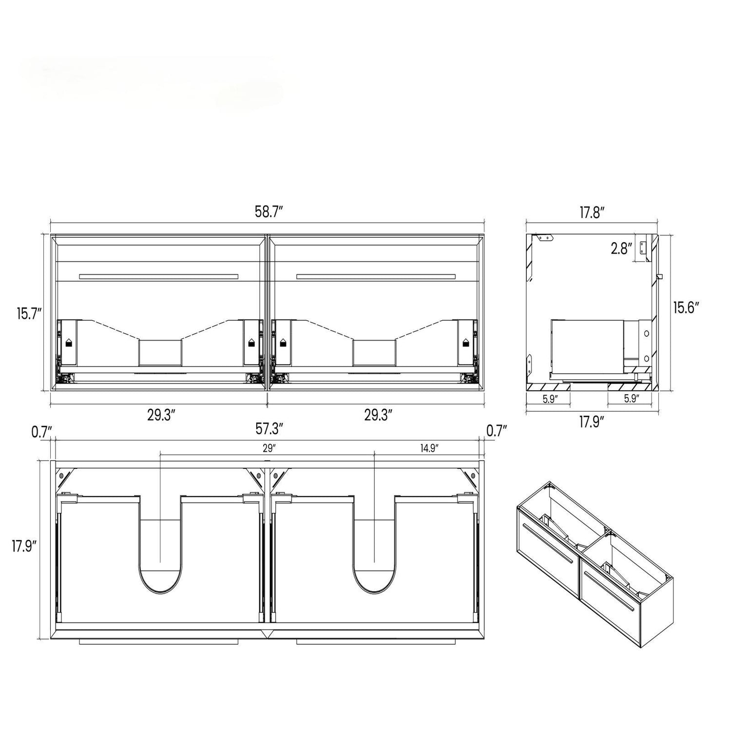 60&quot; Wall Mounted Bathroom Storage Vanity with Double Undermount Sink &amp; LED