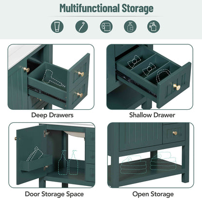 Storage diagram of a 30-inch dark green freestanding bathroom vanity with open shelves