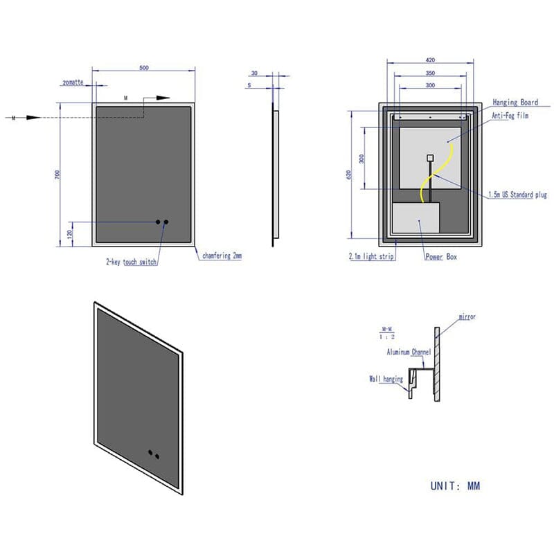 LED Light Bathroom Vanity Mirror Large Rectangular Frameless Anti Fog