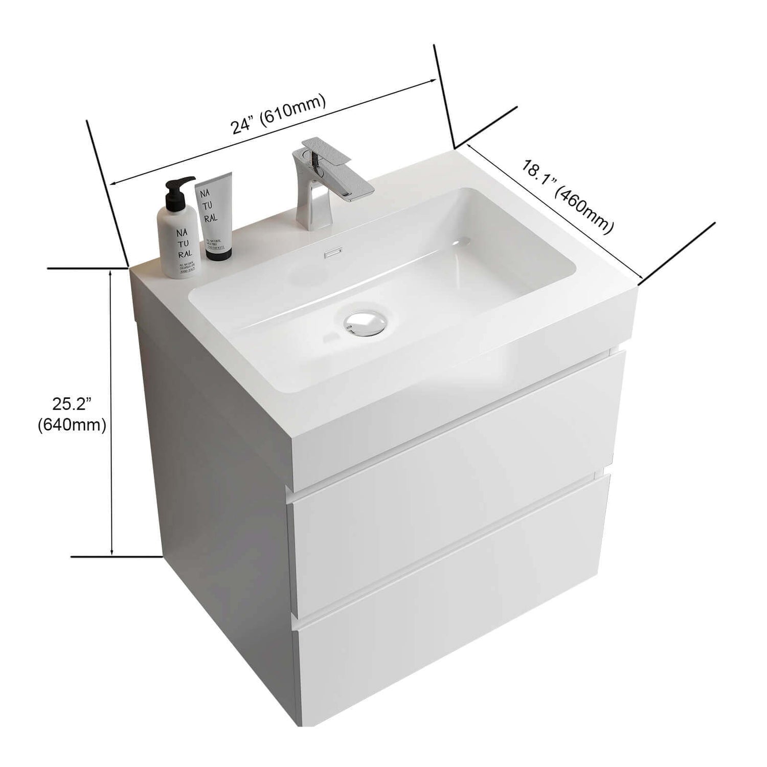 24 Inch White Modern Floating Dresser With 2 Drawers Dimensions Chart