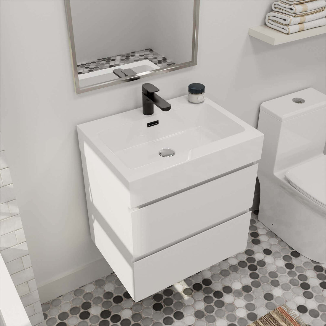 24 Inch White Modern Floating Vanity with Solid Surface Sink for Sleek Apartment Bathrooms