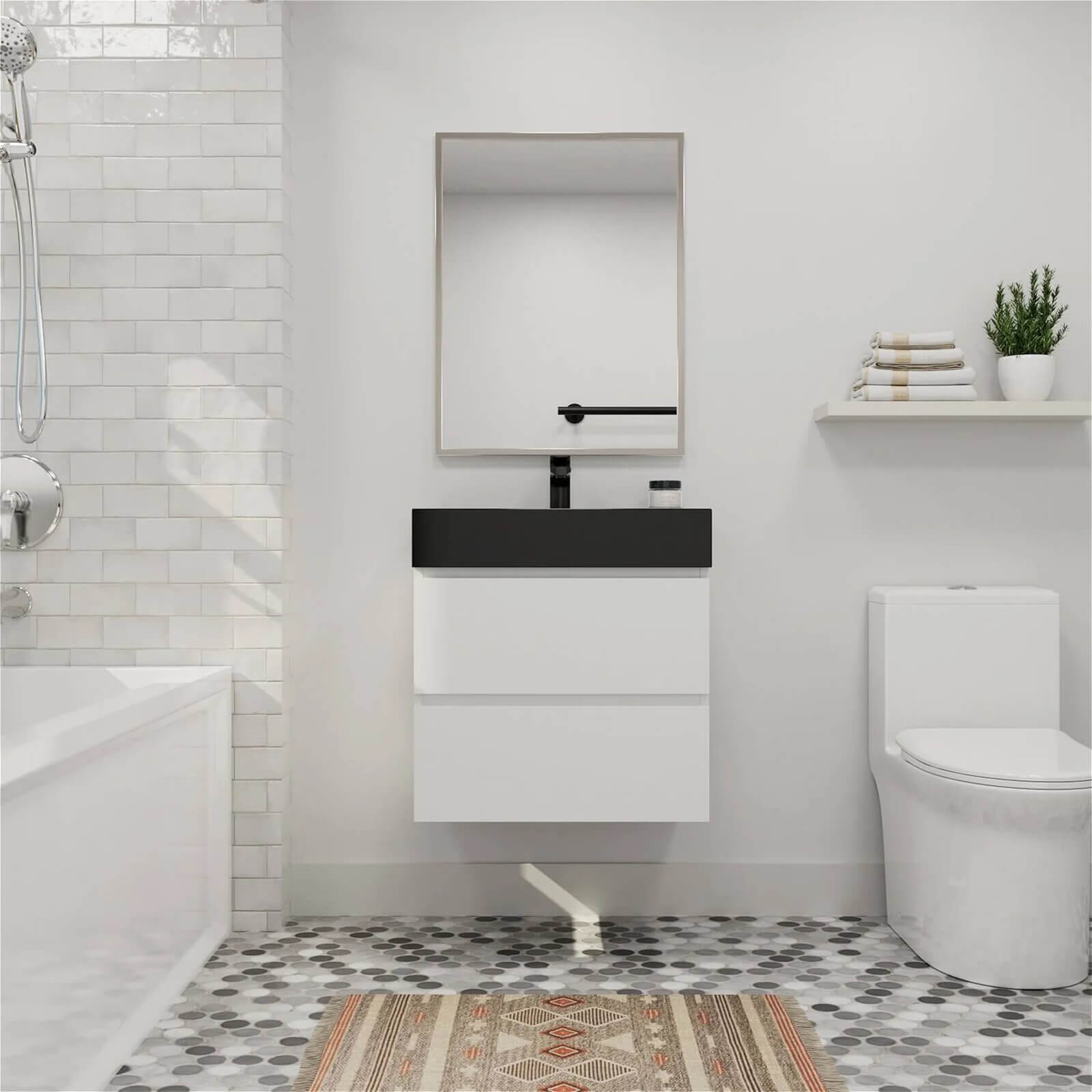 24 floating bathroom vanity with white cabinets and black sink