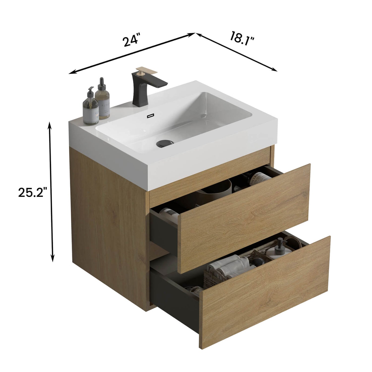 24 in Oak Contemporary Floating Dresser with 2 Drawers Dimensions Chart