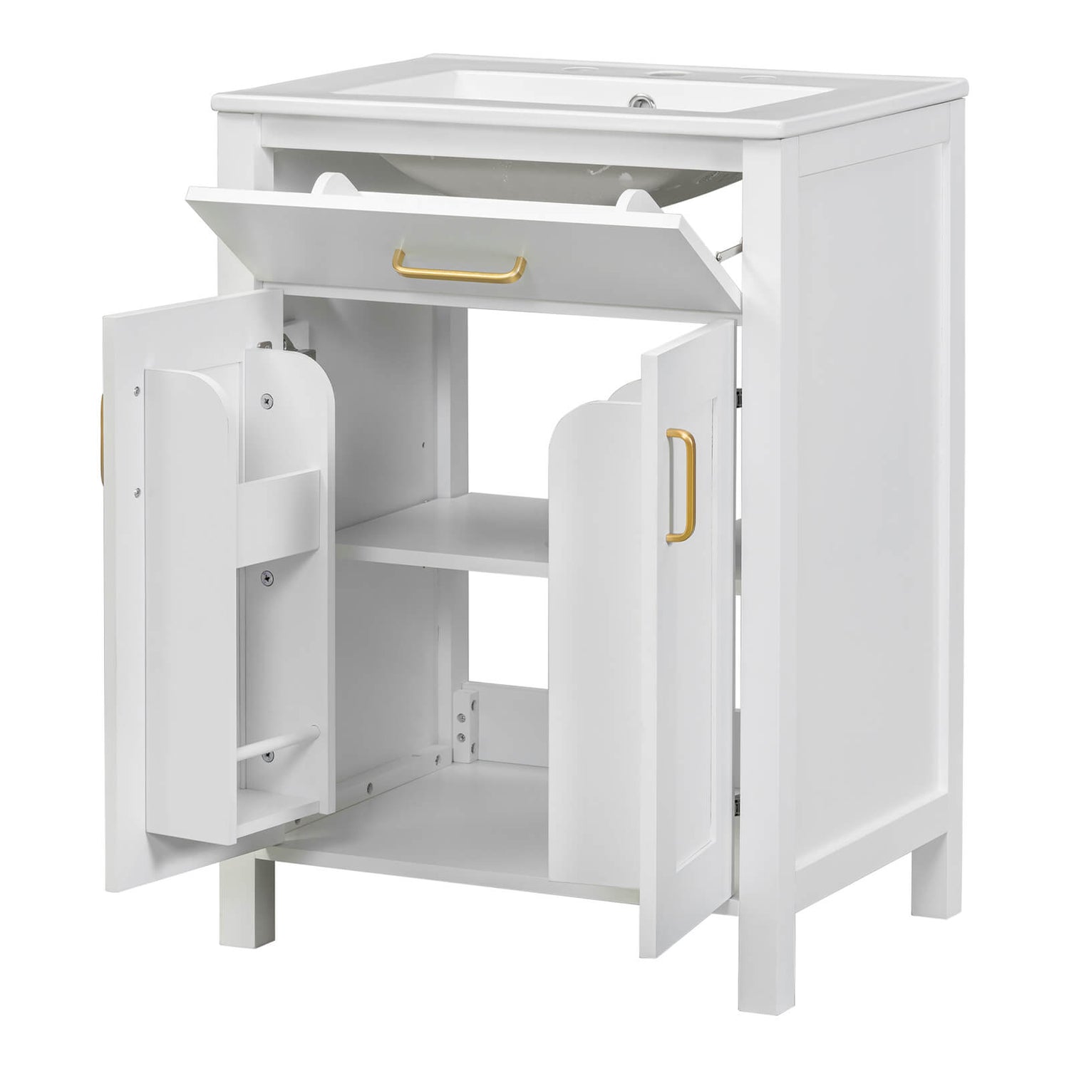 24 in White Vanity with Integrated Sink and Built In Storage Rack for Small Bathrooms