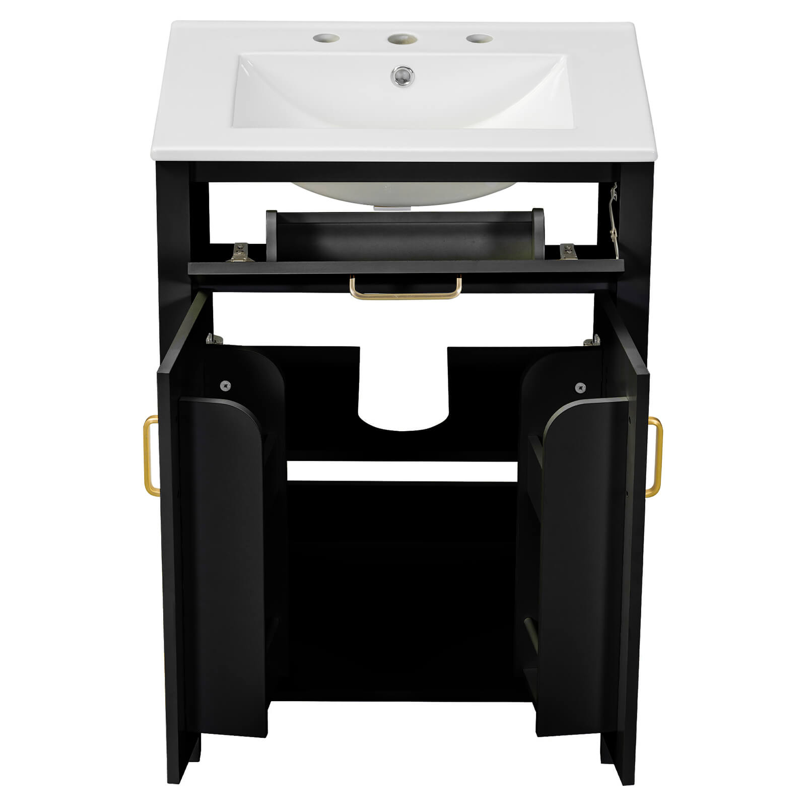 24 inch Black Bathroom Vanity with adjustable interior shelf and ceramic sink