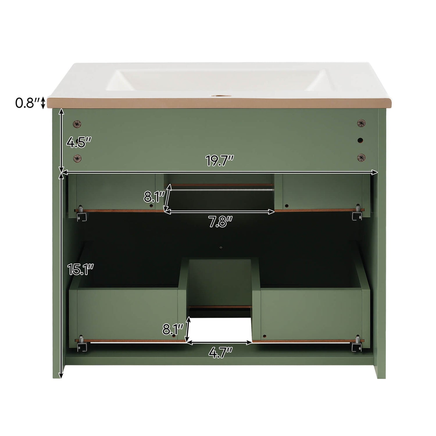 24 inch Green Wall Mounted Vanity with Single Hole Ceramic Sink Back Dimensions