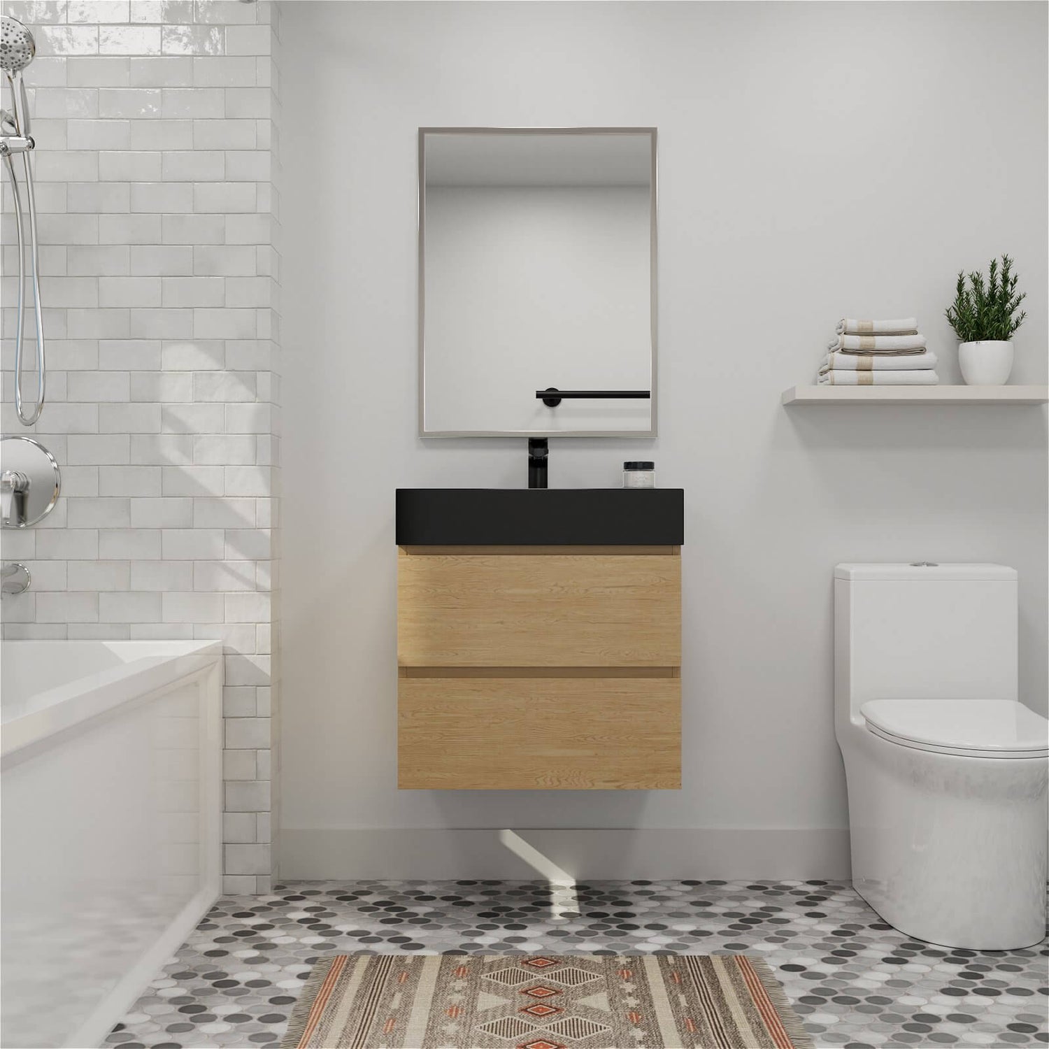 24 inch Oak Floating Vanity with Black Sink