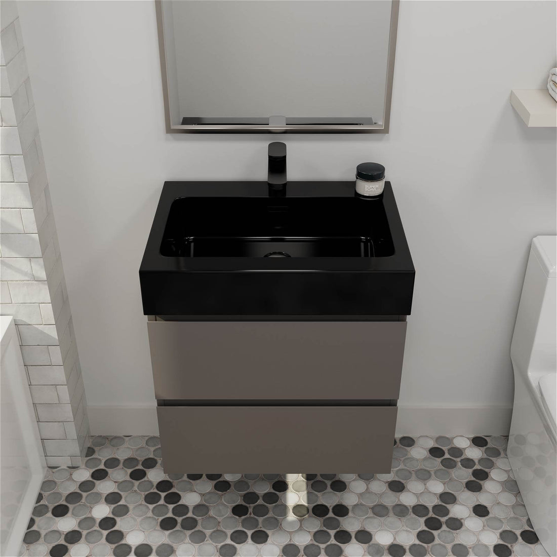 24 inch gray floating vanity with black sink in modern bathroom design