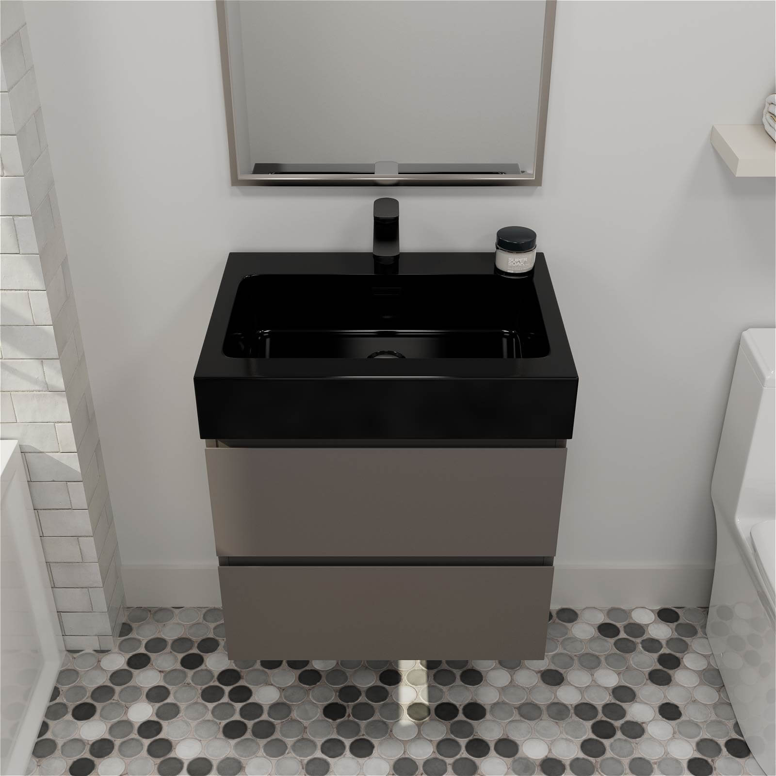 24 inch gray floating vanity with black sink in modern bathroom design