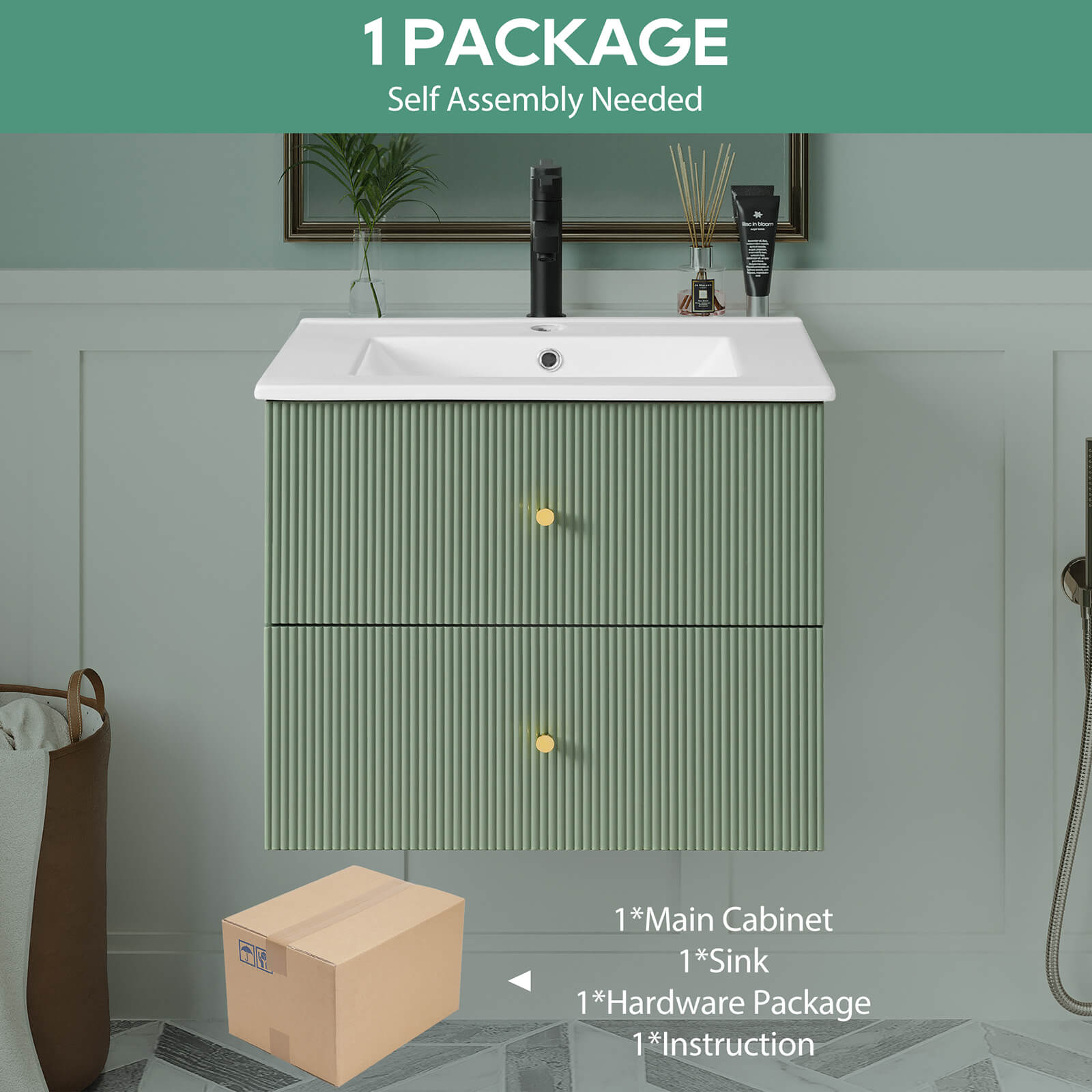 24 inch green wall mounted vanity with single hole ceramic sink package diagram