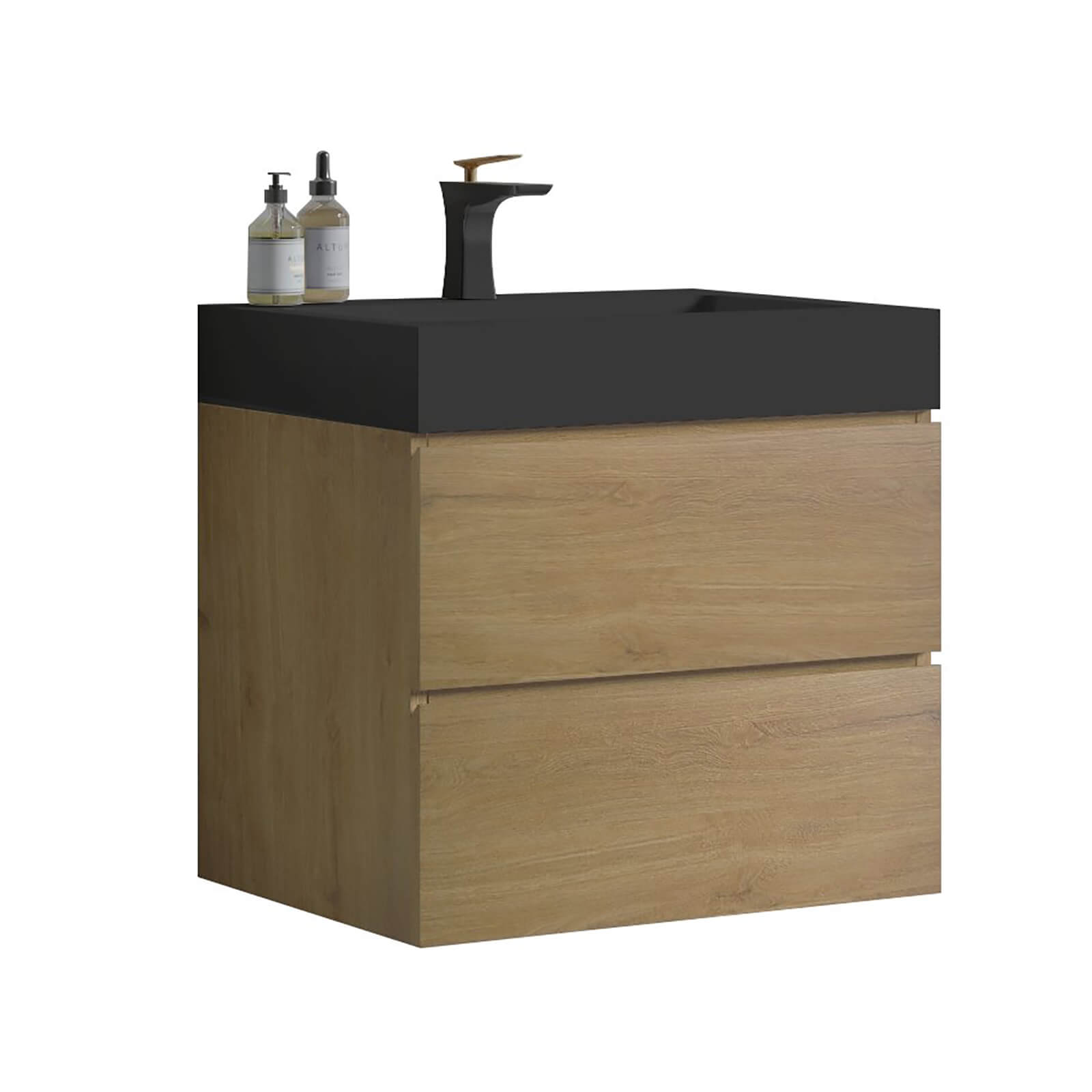 24 inch oak floating vanity with black sink and seamless handle free design