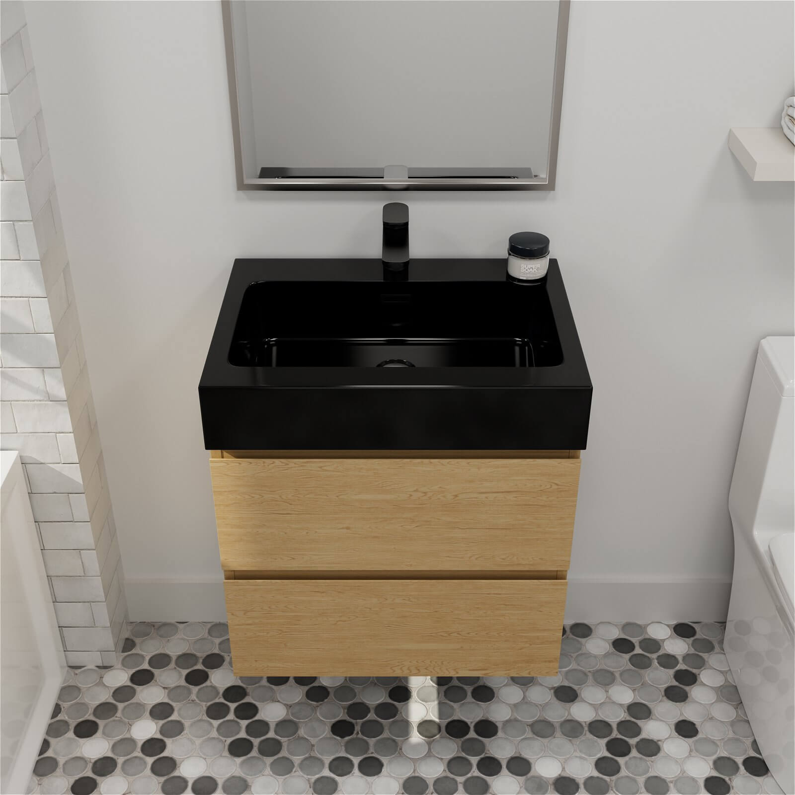 24 inch oak floating vanity with black sink in a modern bathroom setting