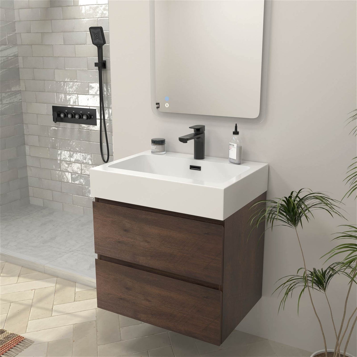 24 inch walnut modern floating vanity with solid surface sink and two drawers