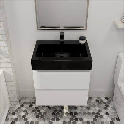 24 inch white floating vanity with black solid surface sink