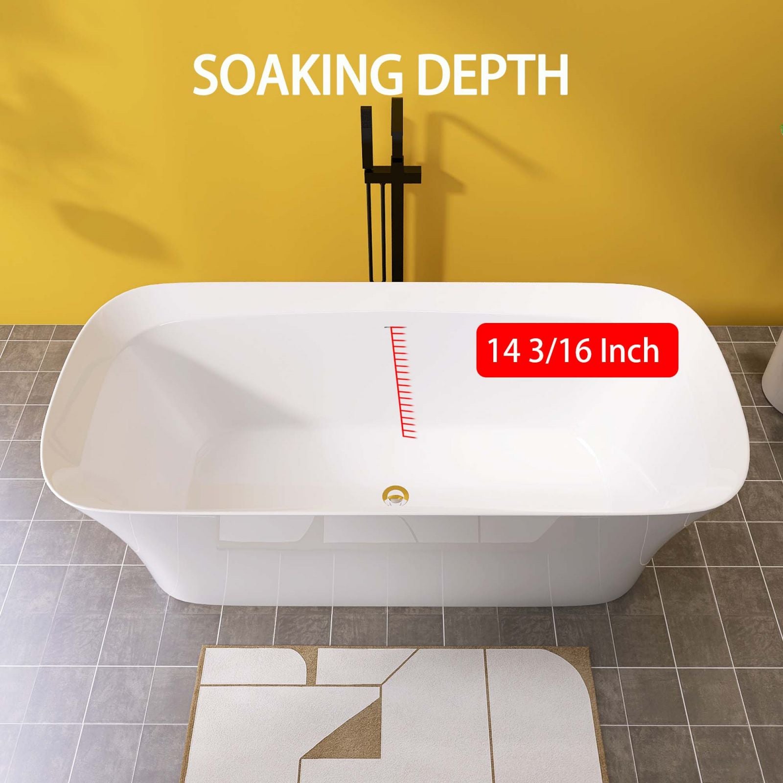 67&quot; Beveled Edge Flat Bottom Acrylic Bathtub Overflow Distance