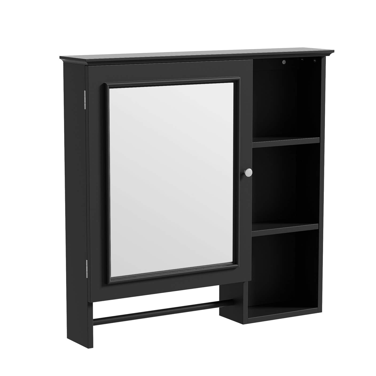 29x28 black medicine cabinet with open shelf and mirror