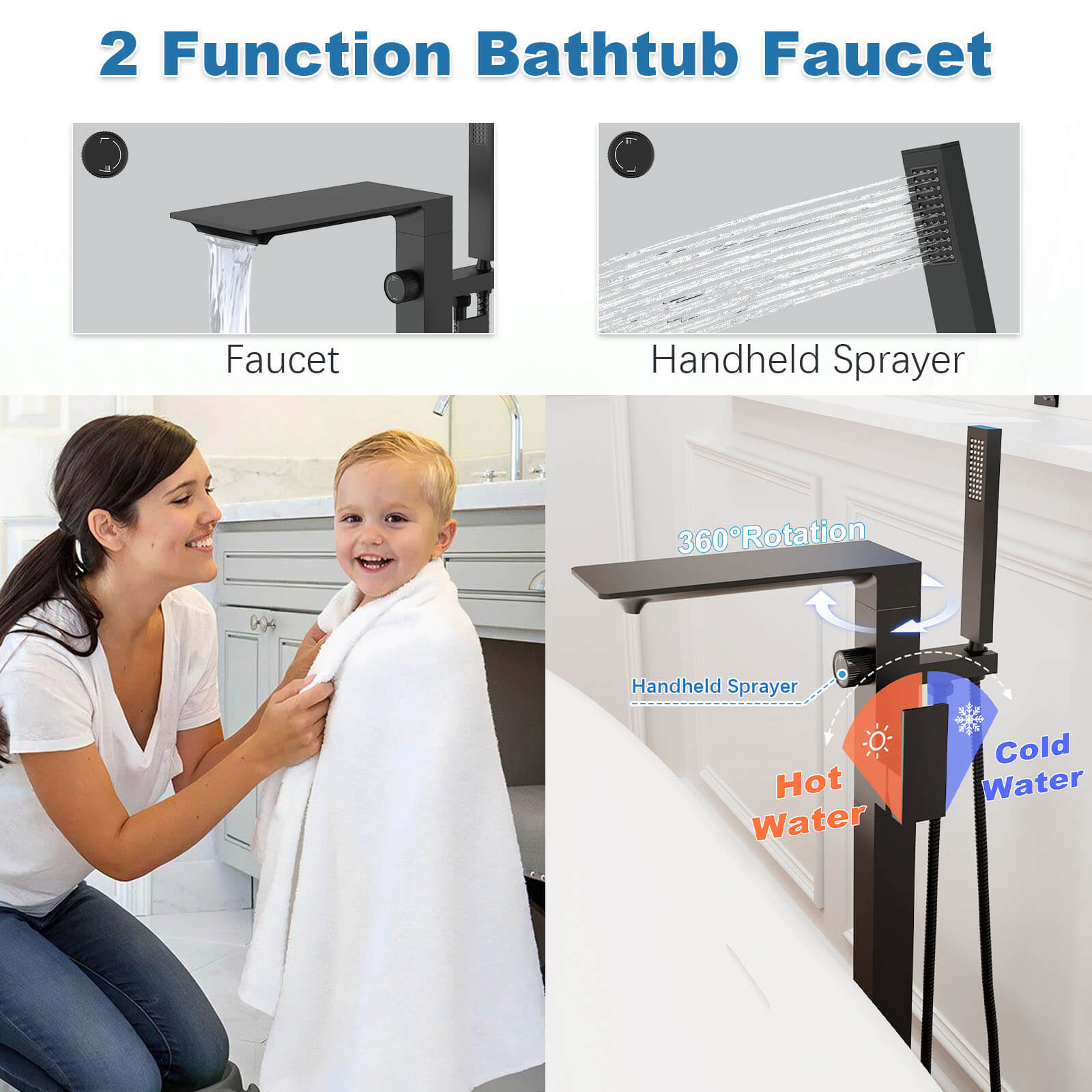 Waterfall Freestanding Bathtub Faucet 360° Swivel Floor Mount Tub Filler with Handheld Sprayer