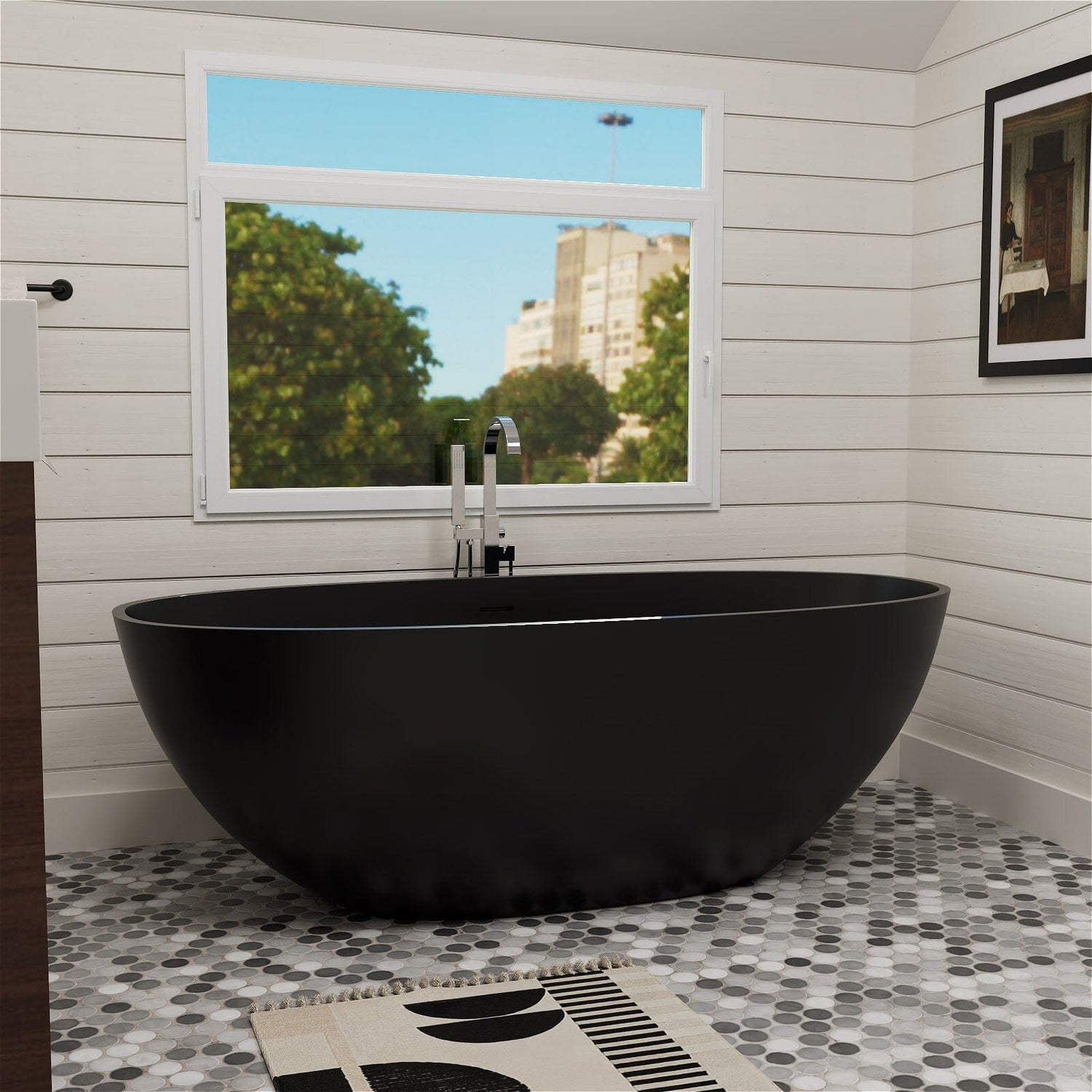 55&quot; Solid Surface Stone Resin Oval-shaped Freestanding Soaking Bathtub with Overflow