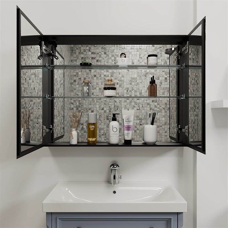 Rectangular Dimmable LED Lighted Medicine Cabinet with Mirror, Adjust Glass Shelves