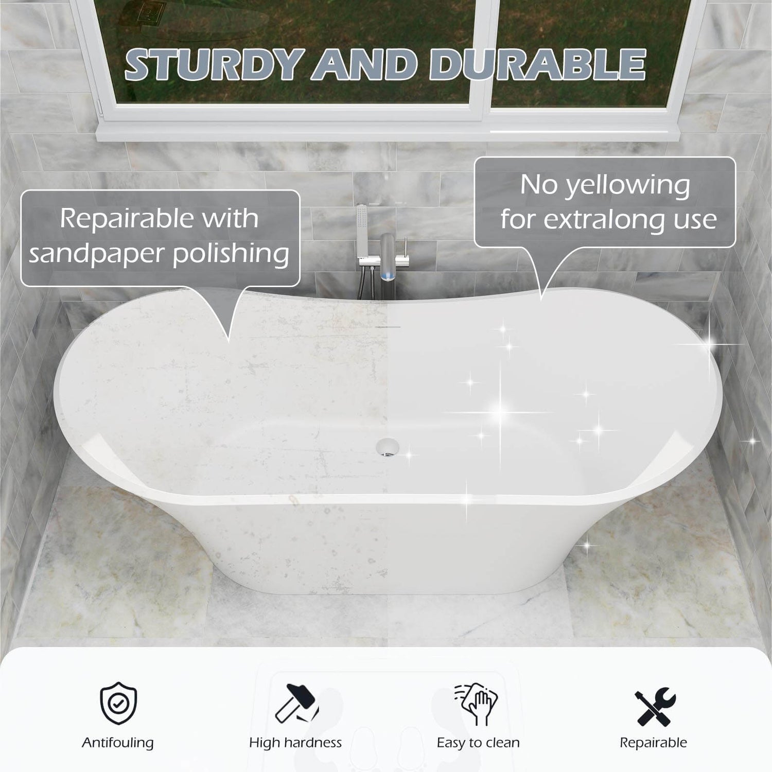 70&quot; Double Slipper Tub Solid Surface Stone Resin Freestanding Soaking Bathtub