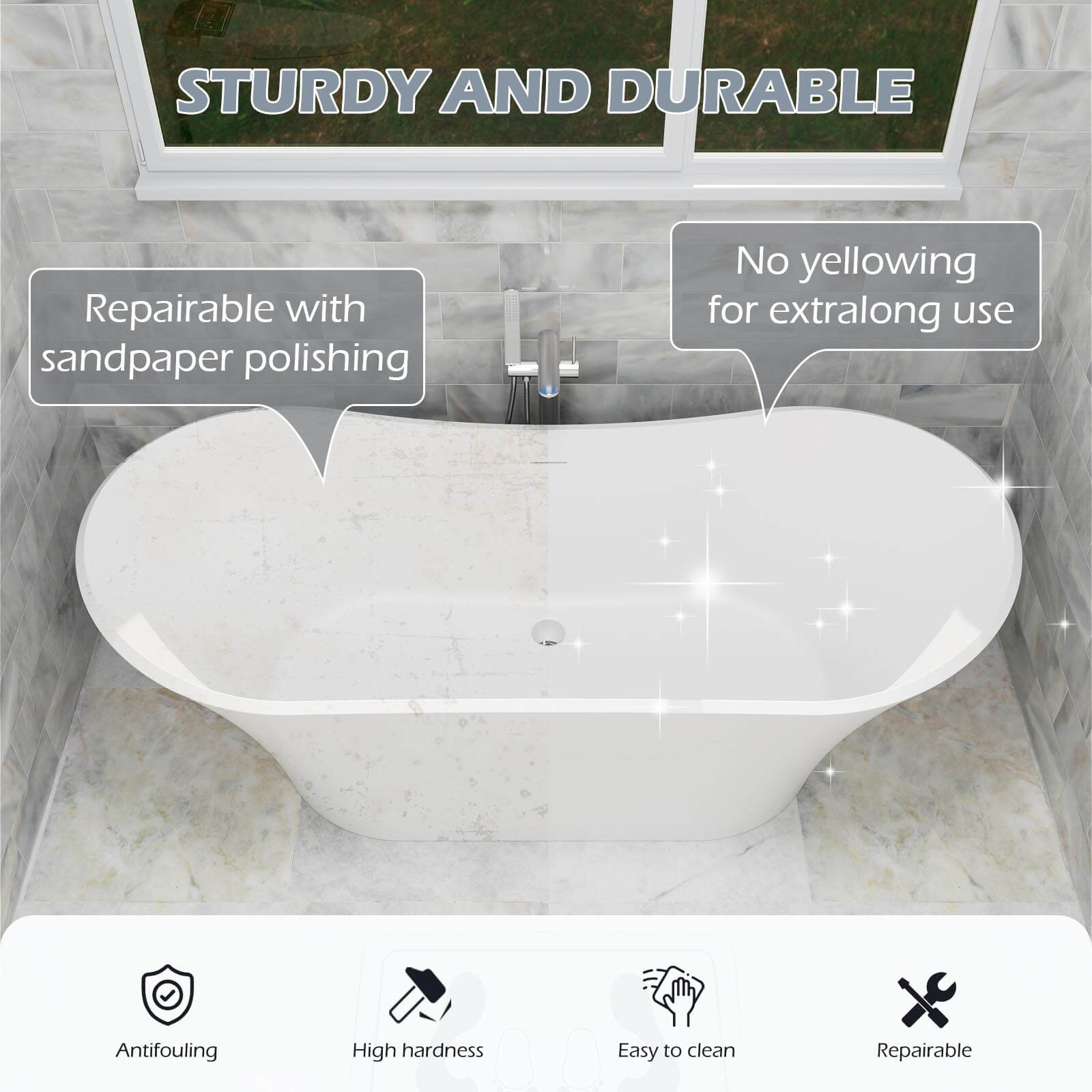 70&quot; Double Slipper Tub Solid Surface Stone Resin Freestanding Soaking Bathtub