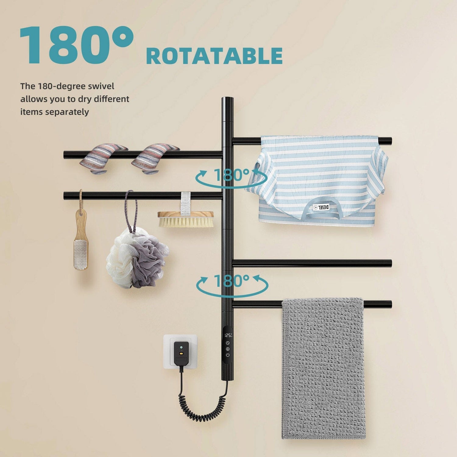 Heated Towel Racks for Bathroom, 180° Rotating Wall Mounted Towel Warmer with Built-in Timer