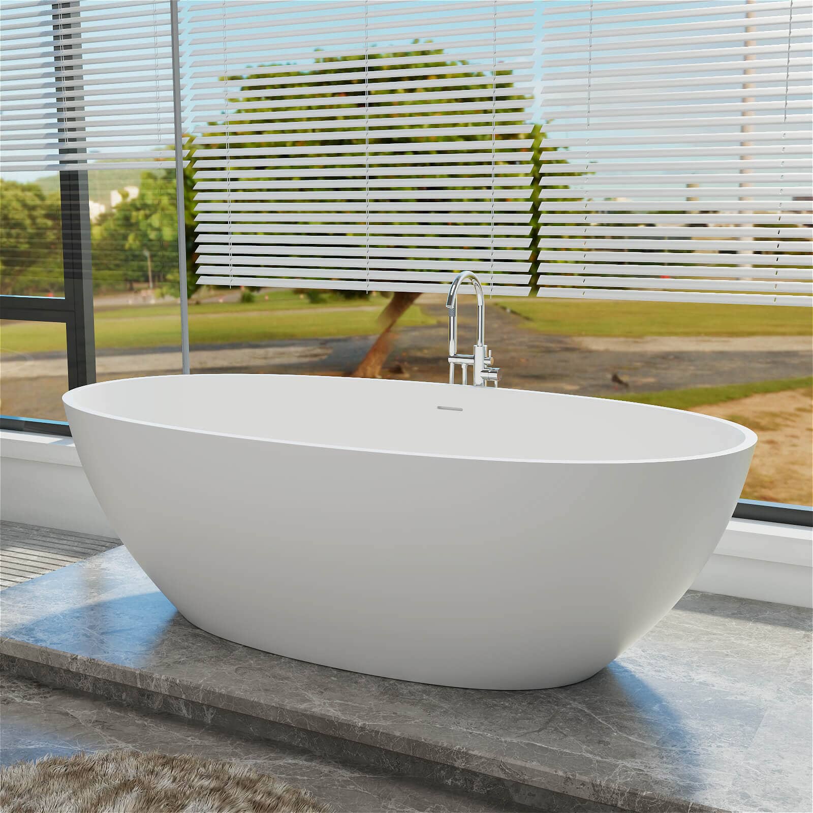 71&quot; Solid Surface Stone Resin Oval-shaped Freestanding Soaking Bathtub with Overflow