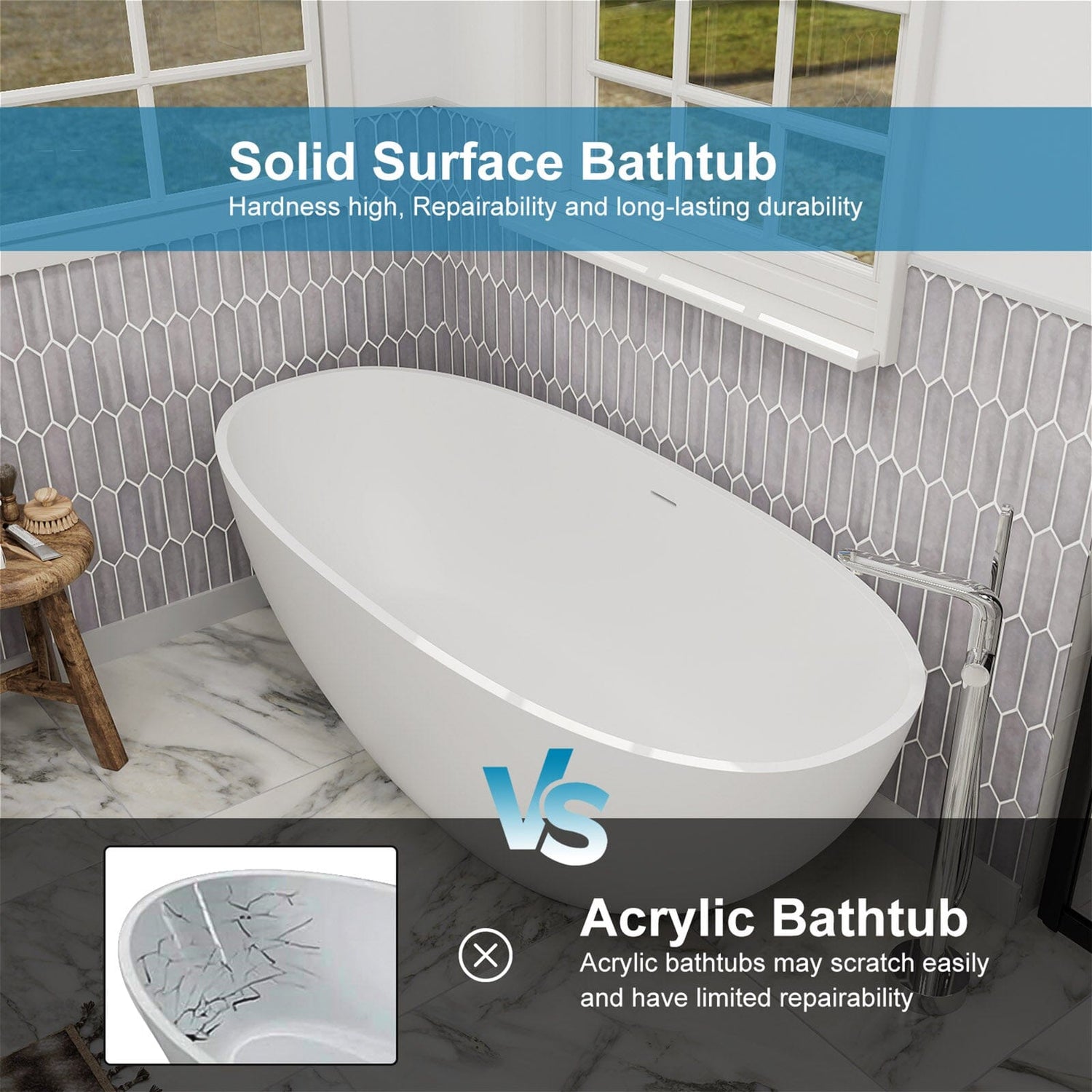 55&quot; Solid Surface Stone Resin Oval-shaped Freestanding Soaking Bathtub with Overflow