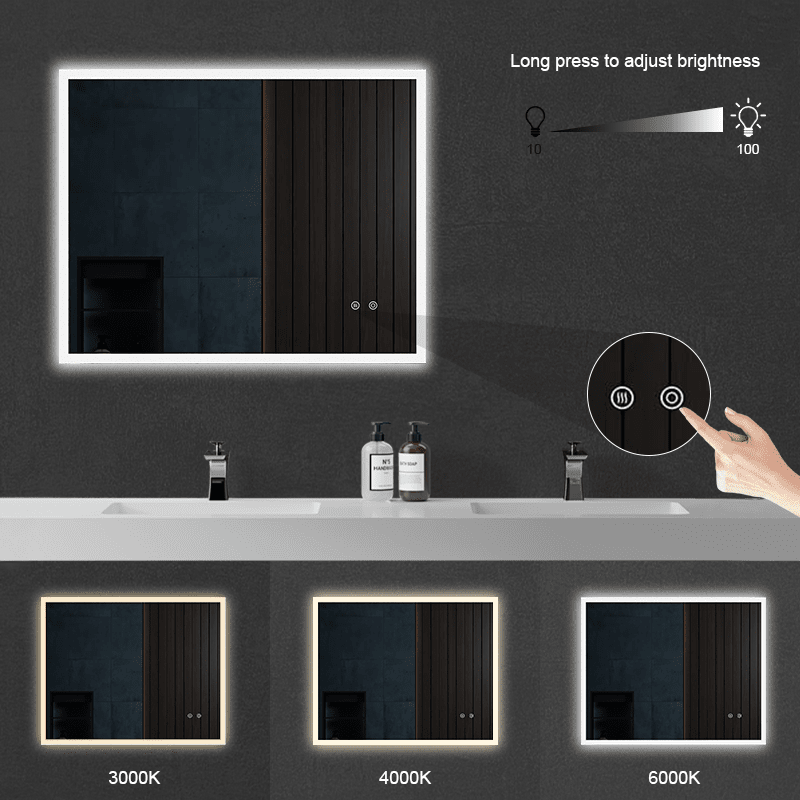 LED Light Bathroom Vanity Mirror Large Rectangular Frameless Anti Fog