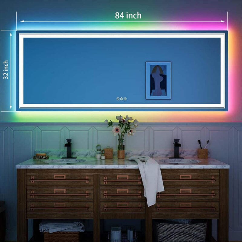 RGB LED Light Bathroom Vanity Mirror Large Rectangular Frameless Anti Fog