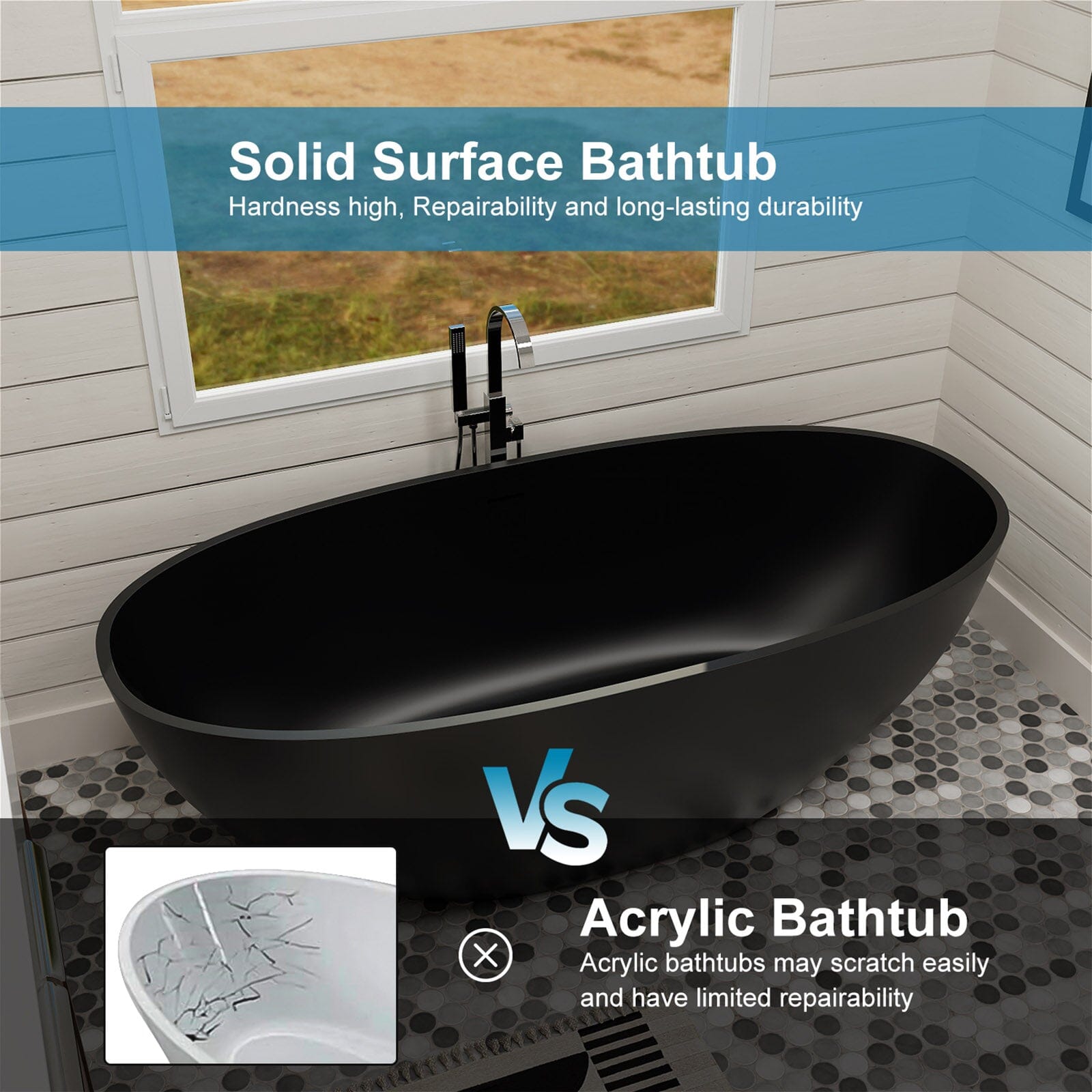 55&quot; Solid Surface Stone Resin Oval-shaped Freestanding Soaking Bathtub with Overflow