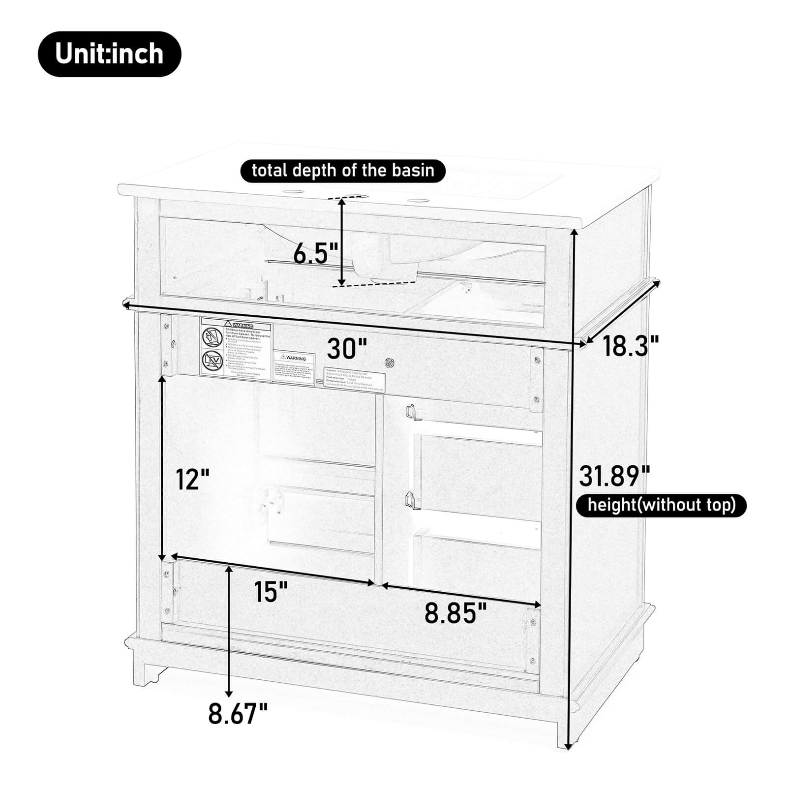 30 Dark Green Freestanding Bathroom Vanity Back Dimensions with Reversible Tray