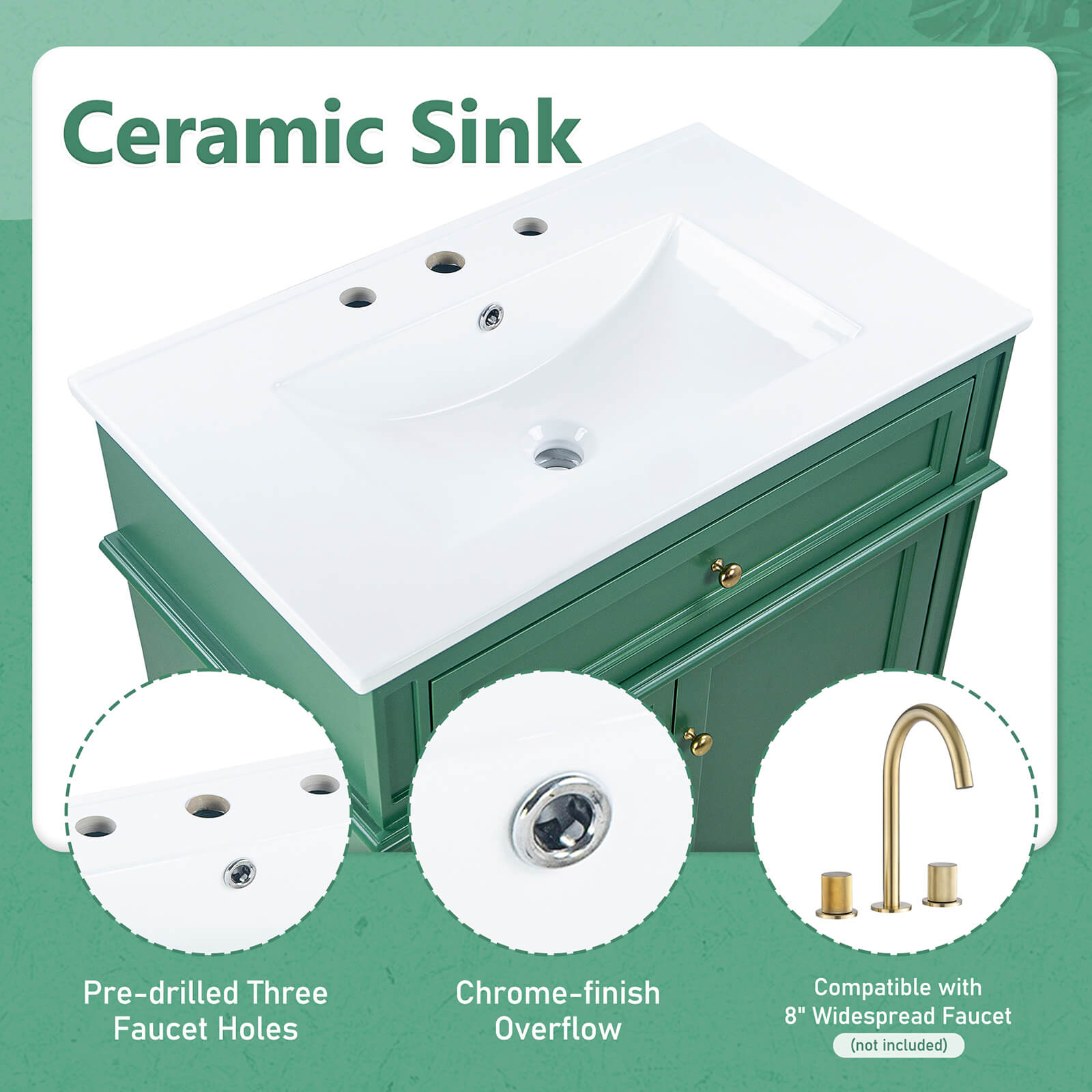 30 Dark Green Freestanding Bathroom Vanity Ceramic Top Detail Display with Reversible Tray