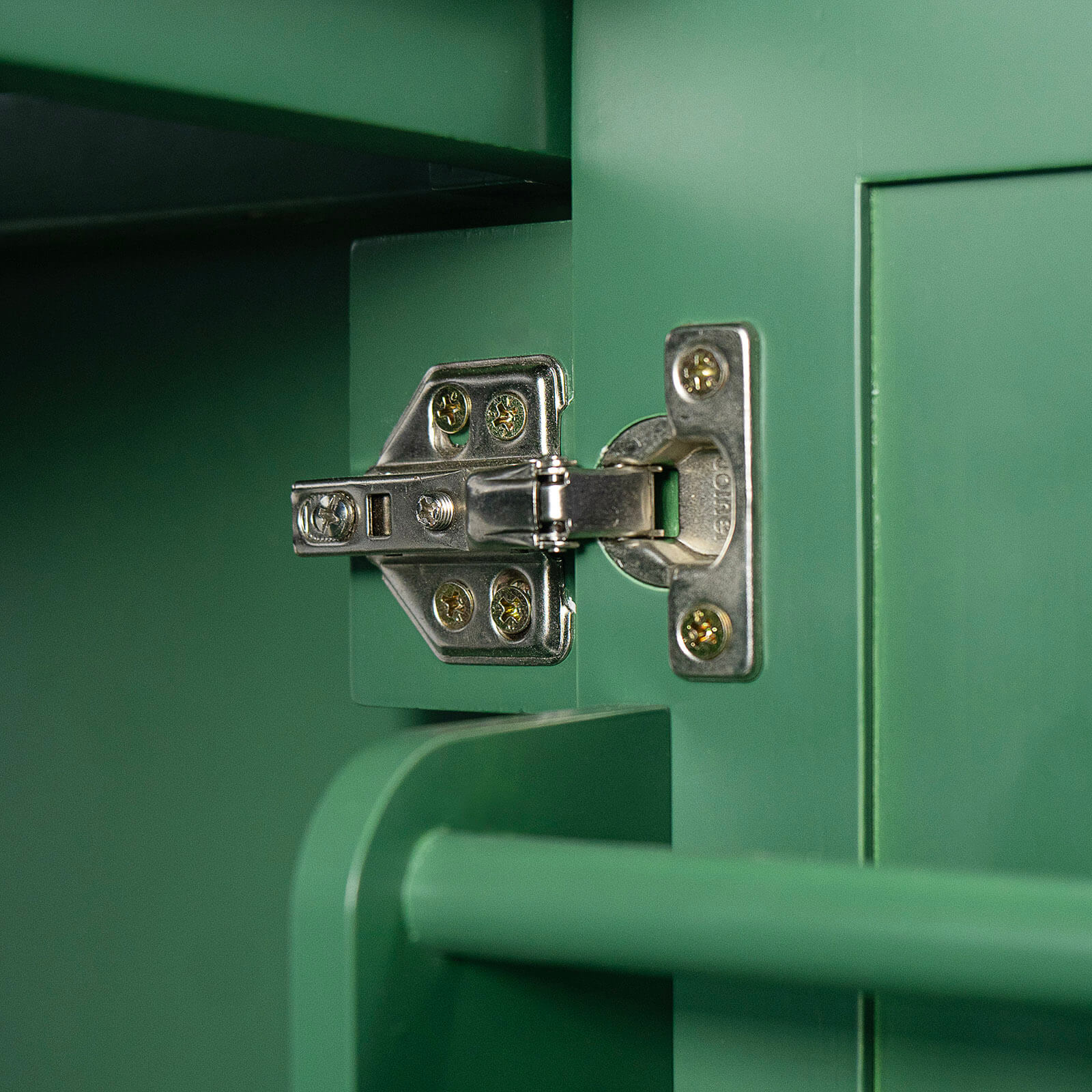 30 Dark Green Freestanding Bathroom Vanity with Reversible Tray Hinge Detail Display