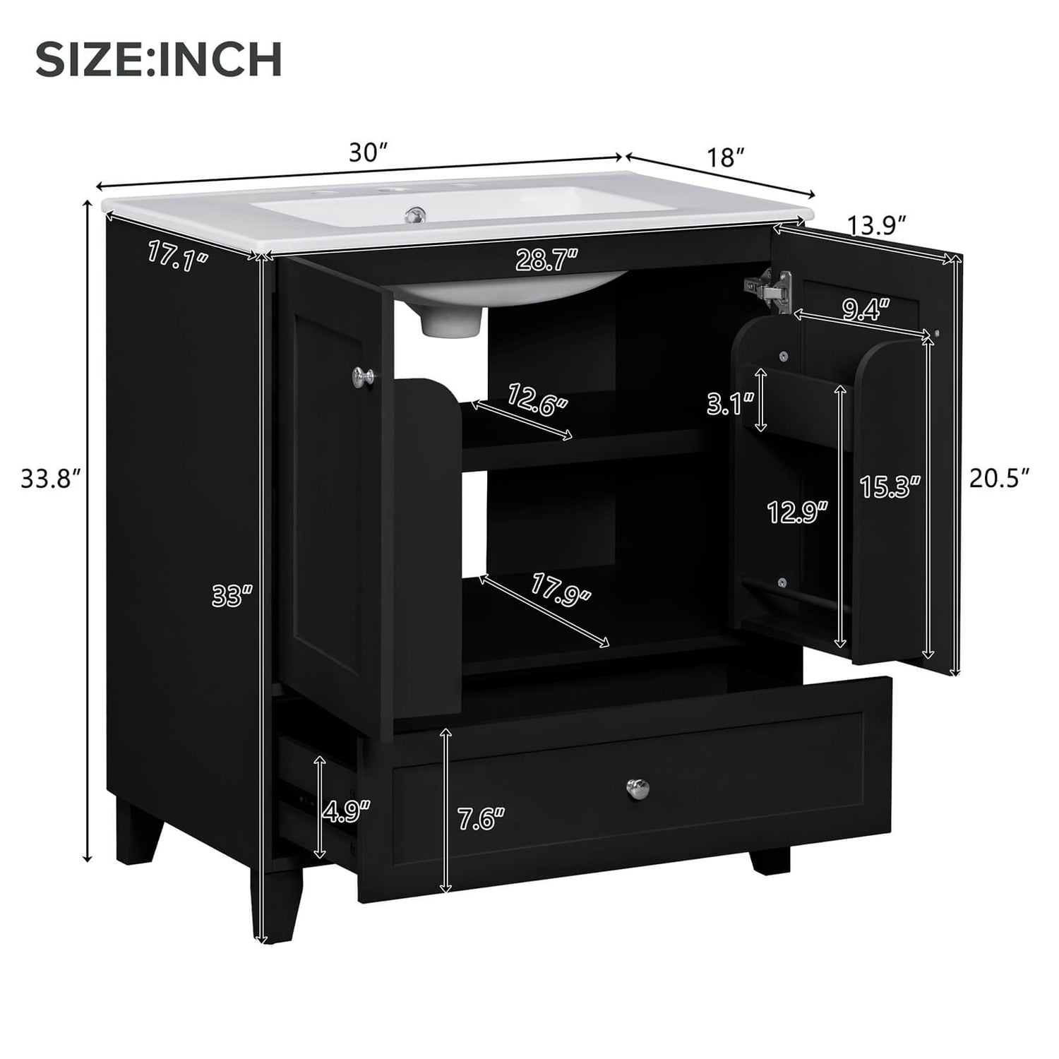 30-Inch-Compact-Modern-Black-Bathroom-Vanity-Overall-Dimensions-Specifications-Chart