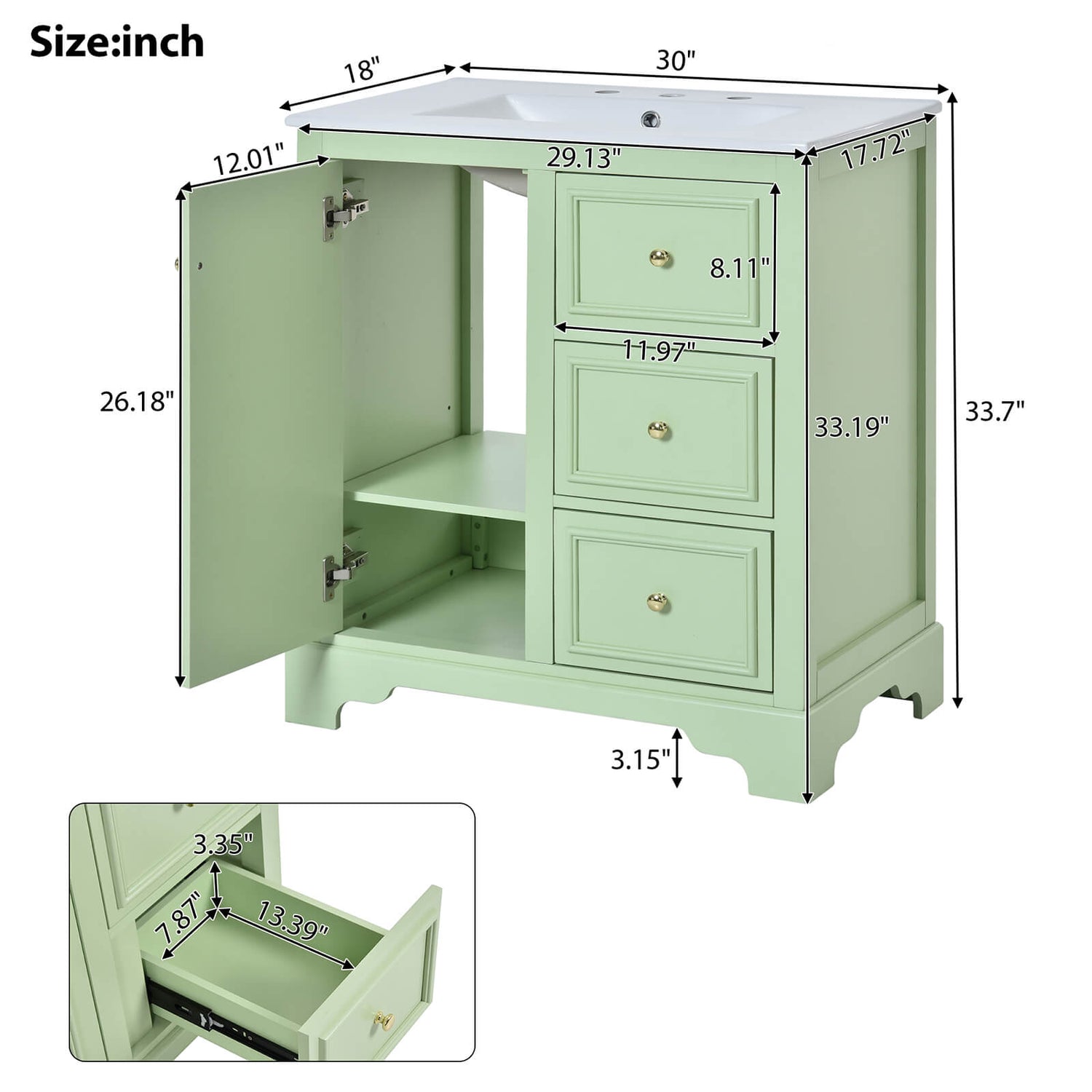 30 Inch Floor Standing Single Sink Green Bathroom Vanity Overall Dimensions Specifications