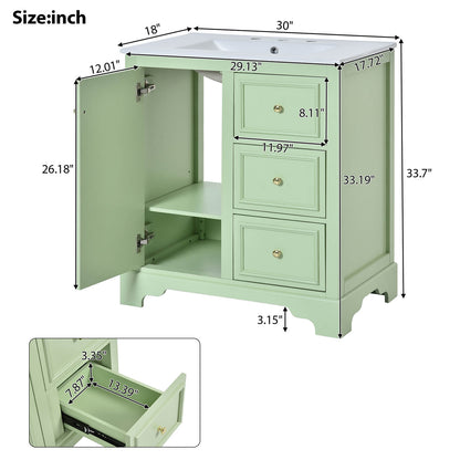 30 Inch Floor Standing Single Sink Green Bathroom Vanity Overall Dimensions Specifications