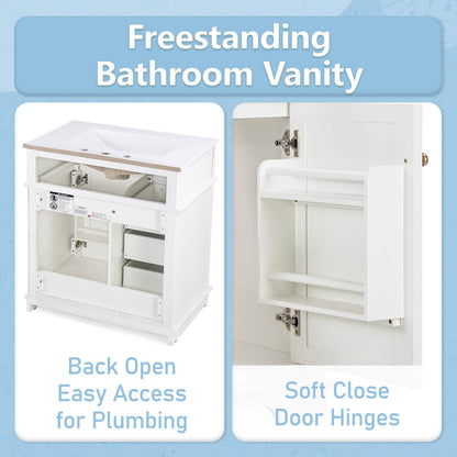 30 White Freestanding Bathroom Vanity with Reversible Tray Back Description