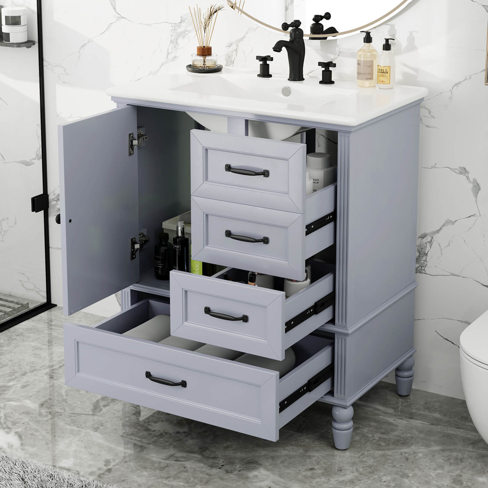 30 in Light Grayish Blue Acacia Wood Vanity with Bottom Drawers in modern bathroom design